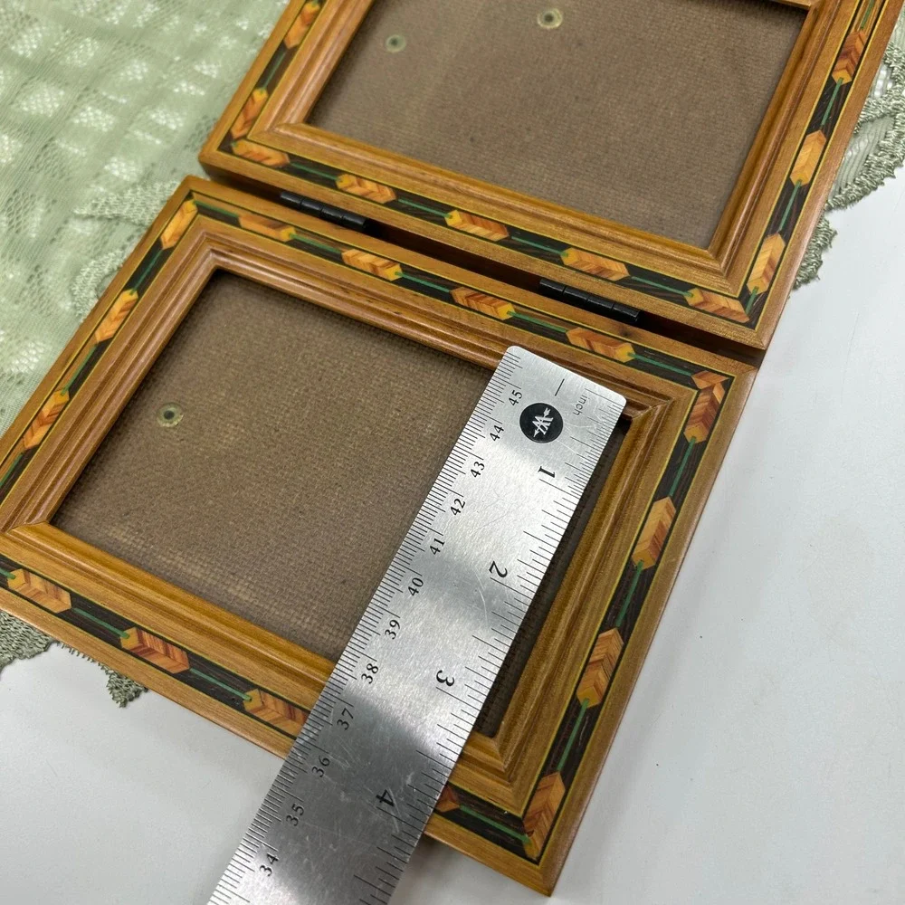 Vintage Wood Inlay Fetco Marquetry Double Frame Standing Wooden